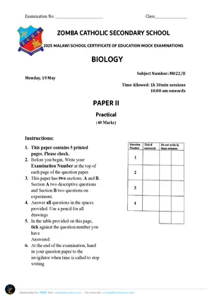 2025 Zomba Catholic Secondary School MSCE Biology Paper II Mock - Preview