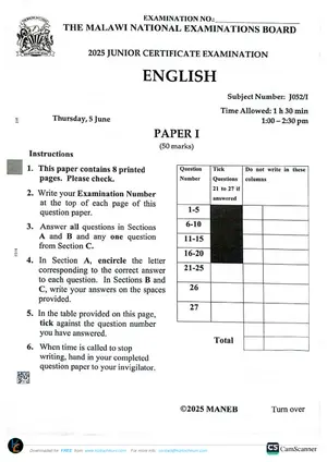 2025 MANEB JCE English Paper 1 (50 marks) - Preview