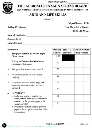2026 Albrimas Arts and Life Skills 1st Mock Examination - Preview