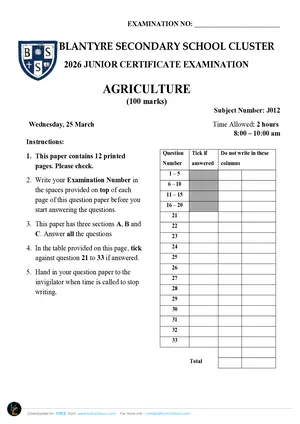 2026 BSS Cluster JCE Agriculture Mock with Answers - Preview