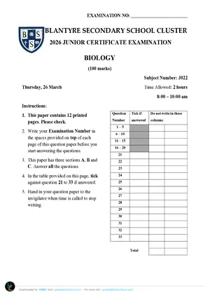 2026 BSS Cluster JCE Biology Mock with Answers - Preview