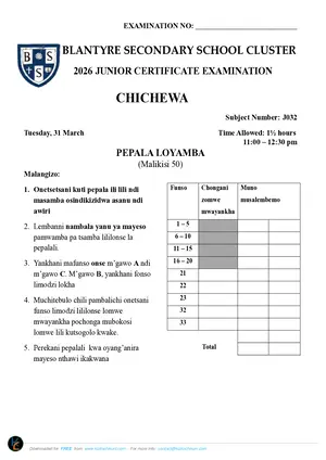 2026 BSS Cluster JCE Chichewa Paper I Mock with Answers - Preview