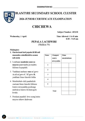 2026 BSS Cluster JCE Chichewa Paper II Mock with Answers - Preview