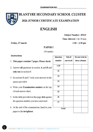 2026 BSS Cluster JCE English Paper I Mock with Answers - Preview