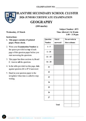 2026 BSS Cluster JCE Geography Mock with Answers - Preview