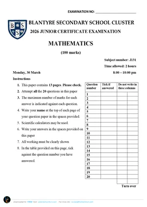2026 BSS Cluster JCE Mathematics Mock with Answers - Preview