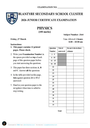 2026 BSS Cluster JCE Physics Mock with Answers - Preview