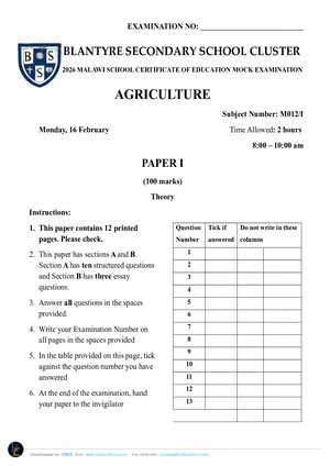 2026 BSS Cluster MSCE Mock Agriculture Paper 1 - Preview