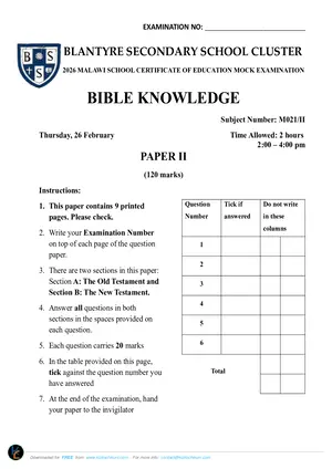 2026 BSS Cluster MSCE Mock Bible Knowledge Paper 2 - Preview