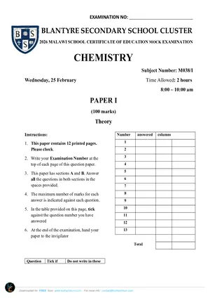 2026 BSS Cluster MSCE Mock Chemistry Paper I - Preview