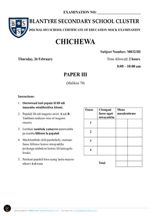2026 BSS Cluster MSCE Mock Chichewa Paper III - Preview