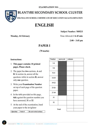 2026 BSS Cluster MSCE Mock English Paper I - Preview