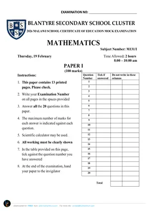 2026 BSS Cluster MSCE Mock Mathematics Paper 1 - Preview