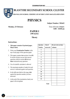 2026 BSS Cluster MSCE Mock Physics Paper 1 - Preview