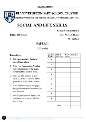 2026 BSS Cluster MSCE Mock Social and Life Skills Paper 2 - Preview