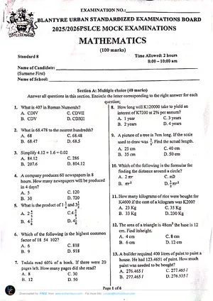 2026 Blantyre Urban PSLCE Mathematics Mock - Preview