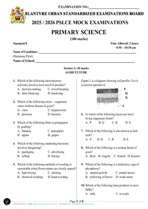 2026 Blantyre Urban PSLCE Primary Science Mock - Preview