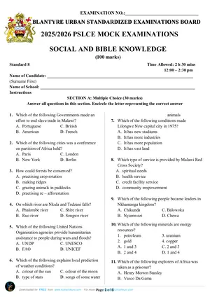2026 Blantyre Urban PSLCE Social and Religious Studies - Preview