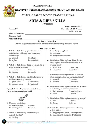 2026 Blantyre Urban PSLCE Standard 8 Arts and Life Skills Mock - Preview
