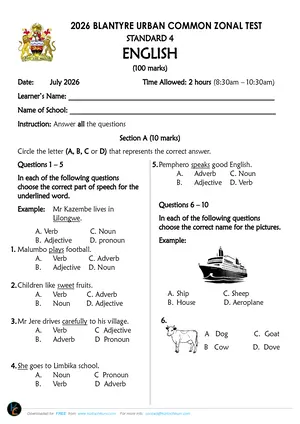2026 Blantyre Urban Standard 4 Term 3 English Examination Paper - Preview