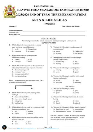 2026 Blantyre Urban Standard 7 Term 3 Arts and Life Skills Past Paper - Preview