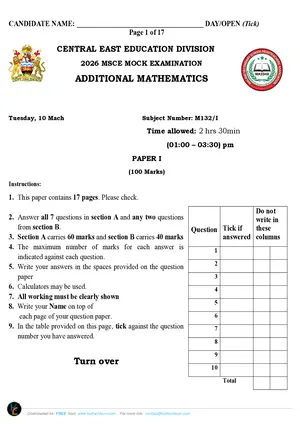 2026 CEED MSCE Additional Mathematics Paper I - Preview