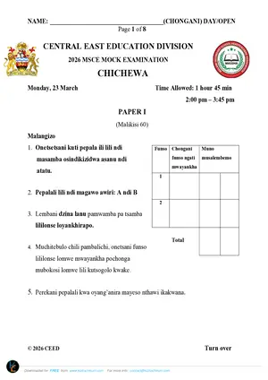 2026 CEED MSCE Chichewa Paper I - Preview