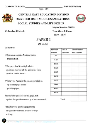 2026 CEED MSCE Social and Life Skills Paper I - Preview