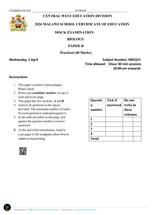 2026 CWED MSCE Biology Paper II Mock - Preview
