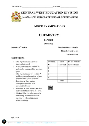 2026 CWED MSCE Chemistry Paper II Mock - Preview