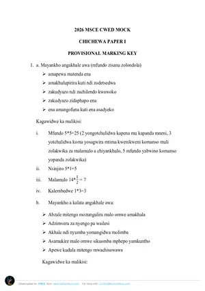 2026 CWED MSCE Chichewa Paper I Mock with Answers - Preview