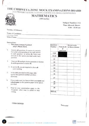 2026 Chibweya Zone PSLCE Mathematics Mock - Preview