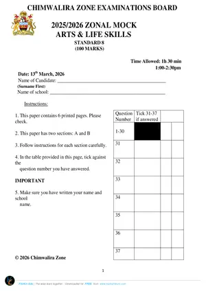 2026 Chimwalira Zone PSLCE Arts and Life Skills Mock Paper - Preview