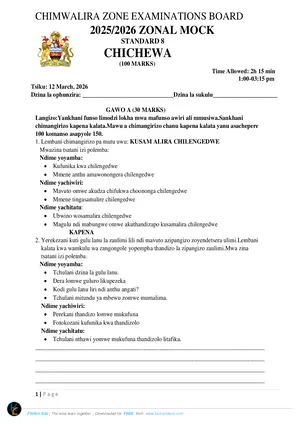 2026 Chimwalira Zone PSLCE Chichewa Mock Paper - Preview