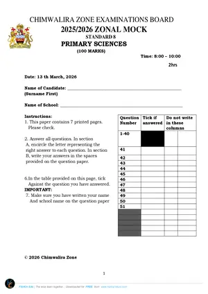 2026 Chimwalira Zone PSLCE Primary Sciences Mock Paper - Preview