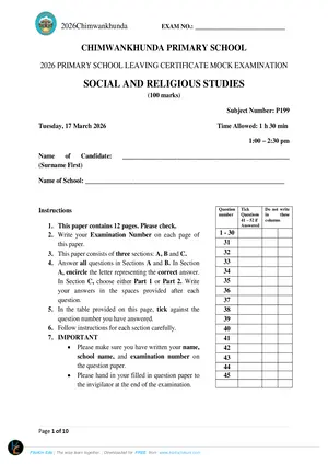 2026 Chimwankhunda PSLCE Social and Religious Studies Mock - Preview