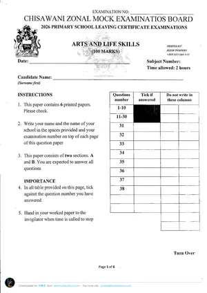2026 Chisawani Zone PSLCE Life Skills and Arts Mock - Preview