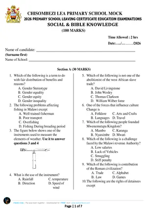 2026 Chisombezi LEA PSLCE Social and Religious Studies Mock - Preview