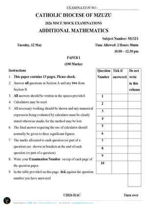 2026 Diocese of Mzuzu Additional Mathematics Paper I - Preview