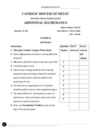 2026 Diocese of Mzuzu Additional Mathematics Paper II - Preview