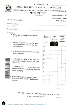 2026 Dowa District Mock PSLCE Mathematics - Preview