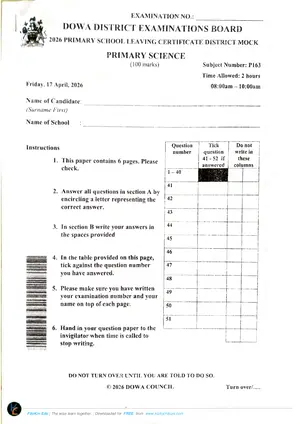 2026 Dowa District Mock PSLCE Primary Science - Preview