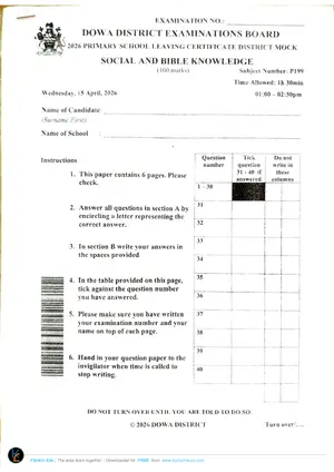 2026 Dowa District Mock PSLCE Social and Religious Studies - Preview