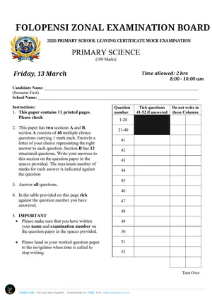 2026 Folopensi Zone PSLCE Primary Science Mock - Preview