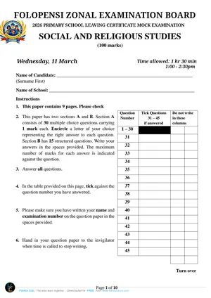 2026 Folopensi Zone PSLCE Social and Religious Studies Mock - Preview