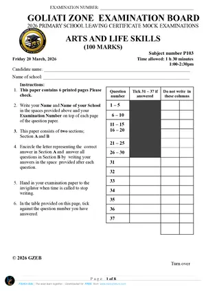 2026 Goliati Zone PSLCE (Standard 8) Arts and Life Mock - Preview