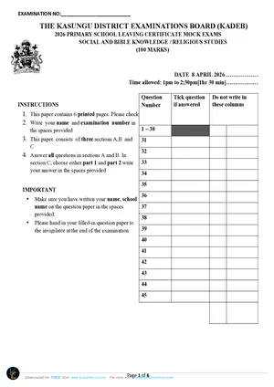 2026 Kasungu District PSLCE Social and Religious Studies Mock with Answers - Preview
