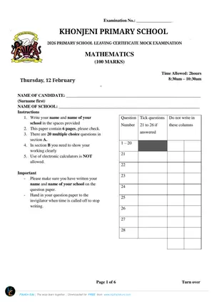 2026 Khonjeni Zone PSLCE Mathematics Mock - Preview
