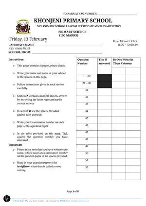 2026 Khonjeni Zone PSLCE Primary Science Mock - Preview