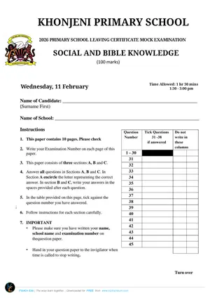 2026 Khonjeni Zone PSLCE Social & Religious Studies Mock - Preview